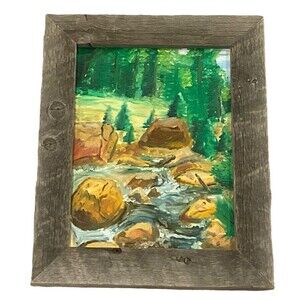 MOUNTAIN STREAM Painting in Rustic Frame 12.5 x 15.5”
